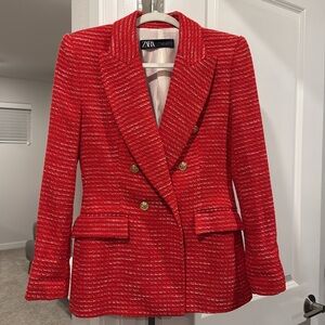 ZARA Double Breasted Blazer Jacket Red White Textured Tweed Small